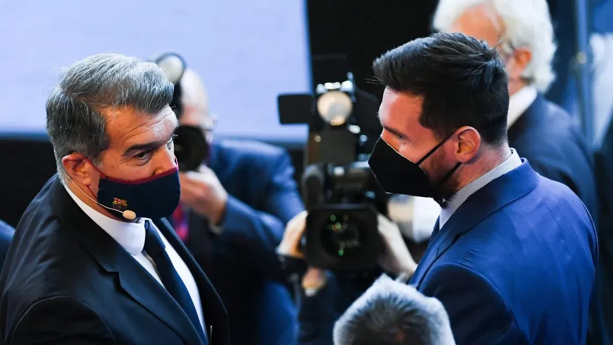 New FC Barcelona President Joan Laporta and Lionel Messi of FC Barcelona speaks during the FC Barcelona President official inaguration at Camp Nou on March 17, 2021 in Barcelona, Spain.