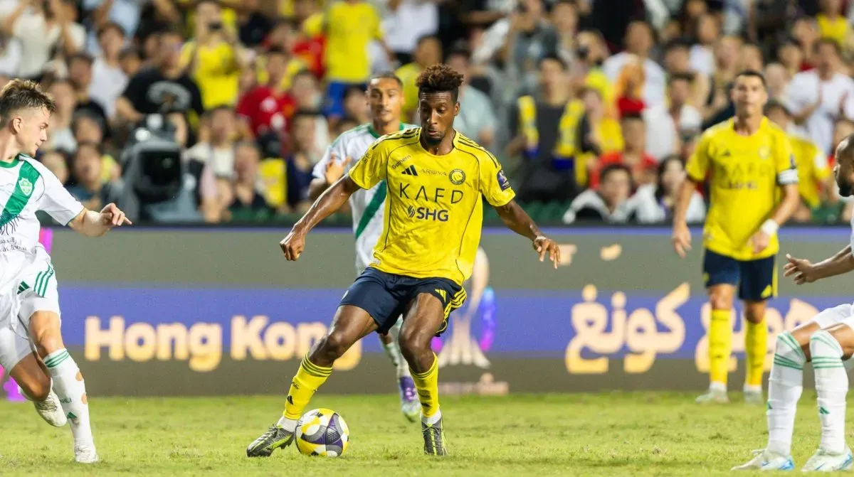 Kingsley Coman of Al-Nassr (C) in action during the Saudi Super Cup final between Al-Nassr and Al-Ahli at Hong Kong Stadium on August 23, 2025 in Hong Kong, China.