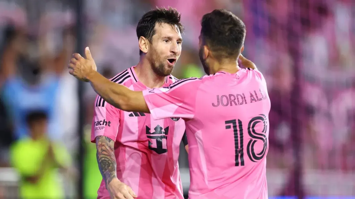 Lionel Messi #10 of Inter Miami CF celebrates after scoring the team's second goal with teammate Jordi Alba #18 during the MLS match between Inter Miami CF and Seattle Sounders FC.
