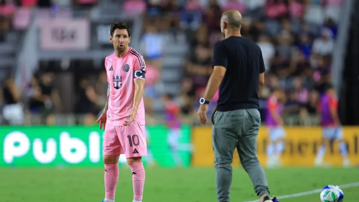 Lionel Messi #10 of Inter Miami CF chats with Javier Mascherano, Head Coach of Inter Miami CF, during the MLS match between Inter Miami CF and Chicago Fire FC at Chase Stadium on September 30, 2025 in Fort Lauderdale, Florida.