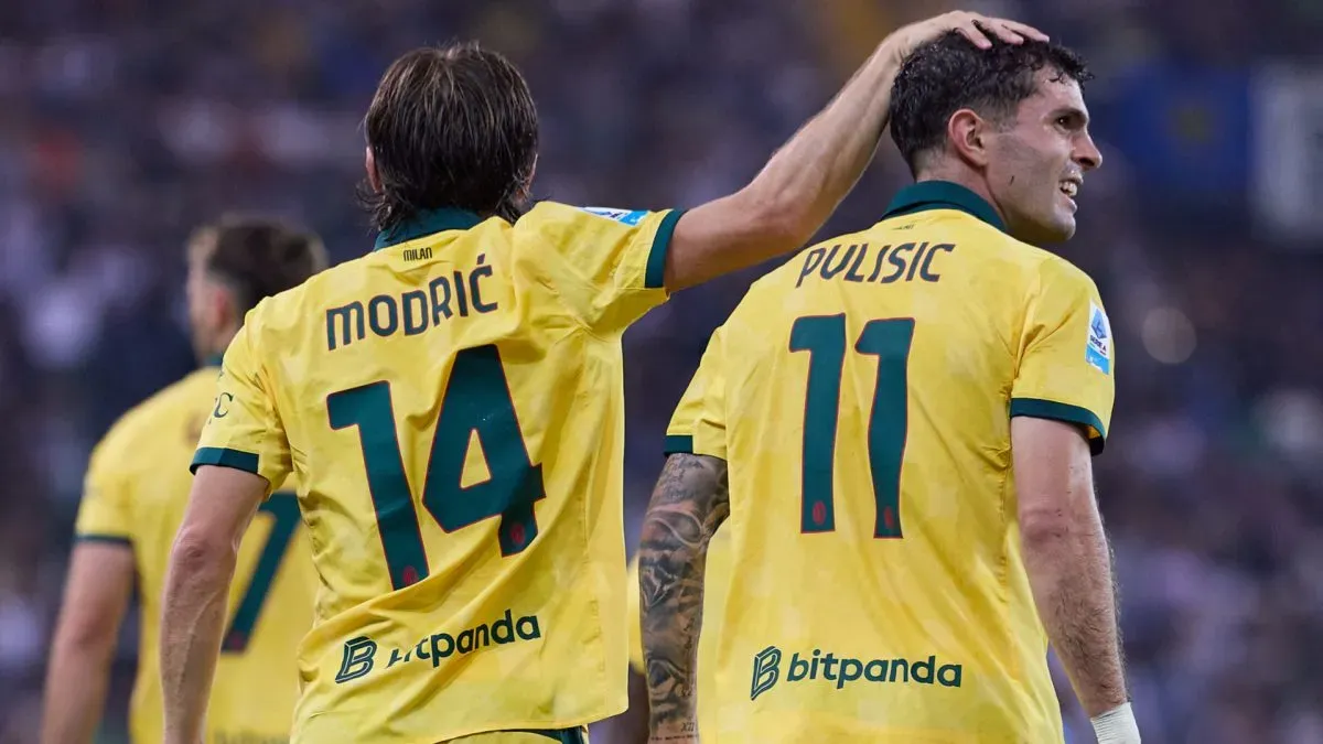 Christian Pulisic of AC Milan celebrates after scoring his team’s third goal with his teammate Luka Modric