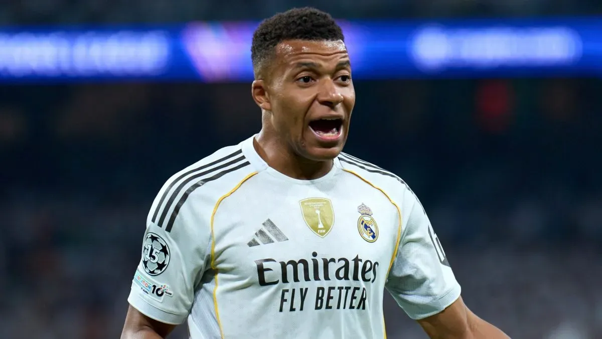 Kylian Mbappe of Real Madrid reacts during the UEFA Champions League 2025/26 League Phase MD1 match between Real Madrid C.F. and Olympique de Marseille at Estadio Santiago Bernabeu on September 16, 2025 in Madrid, Spain.