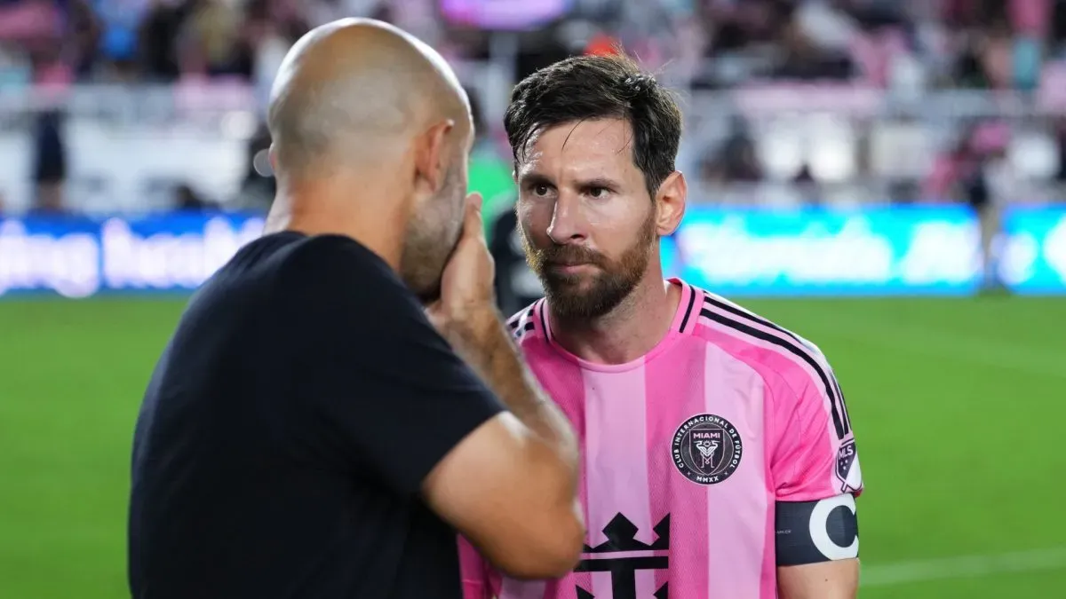 Lionel Messi #10 chats with Javier Mascherano, Head Coach of Inter Miami CF.
