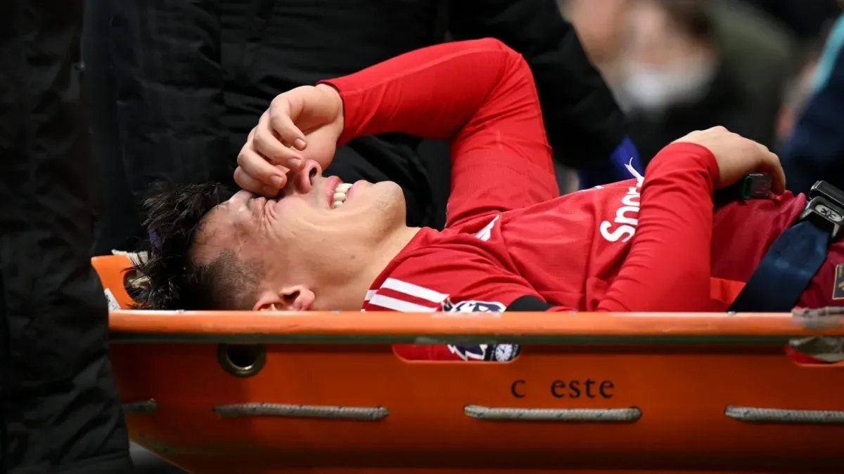 Lisandro Martinez of Manchester United is stretchered off of the pitch after picking up an injury.