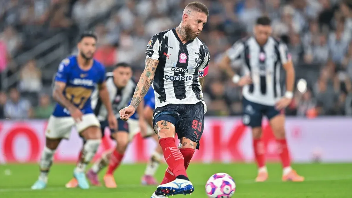 Sergio Ramos of Monterrey kicks a penalty against Pumas UNAM.