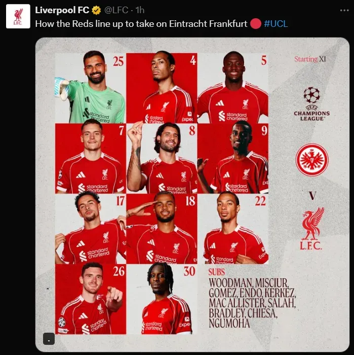 Liverpool's starting lineups against Eintracht Frankfurt.