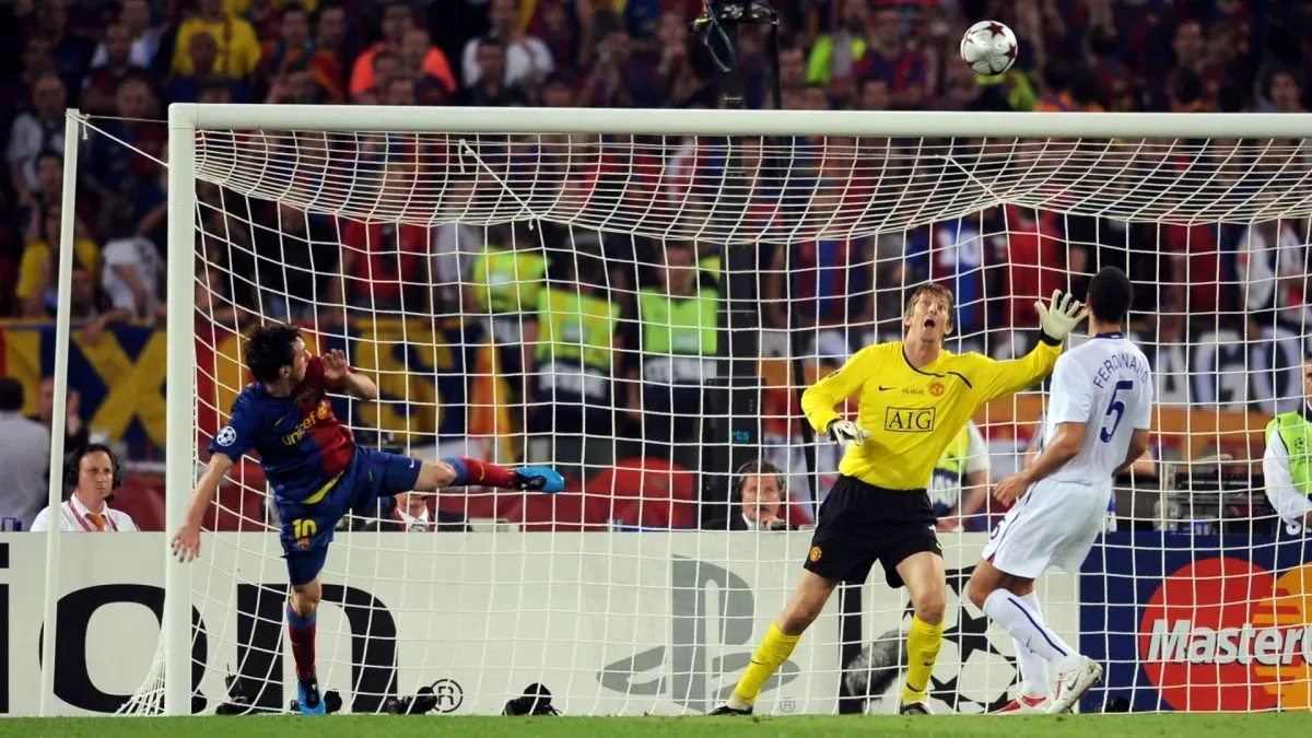 Lionel Messi scores a header for Barcelona during the UEFA Champions League final against Manchester United in 2009.