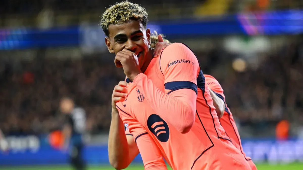 Barcelona's Lamine Yamal scoring a goal in the Champions League