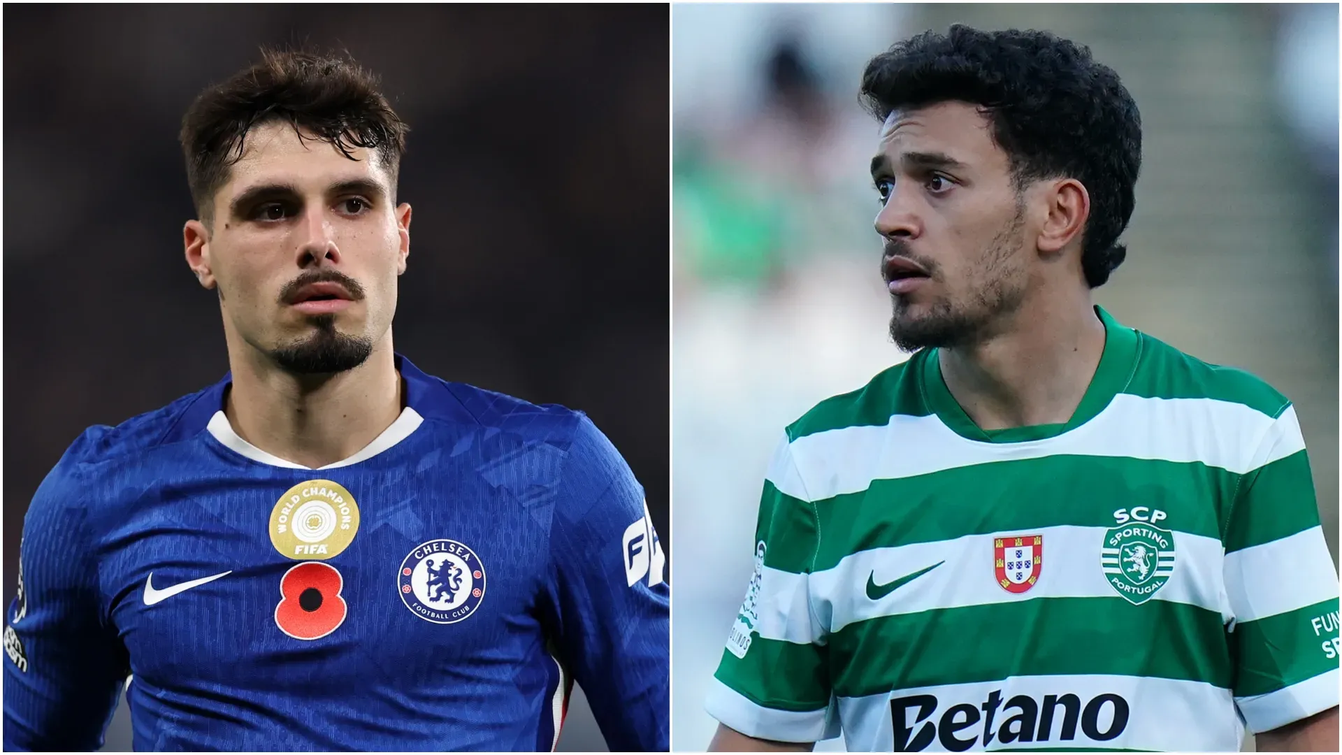 Pedro Neto (L) of Chelsea and Pedro Goncalves (R) of Sporting CP.