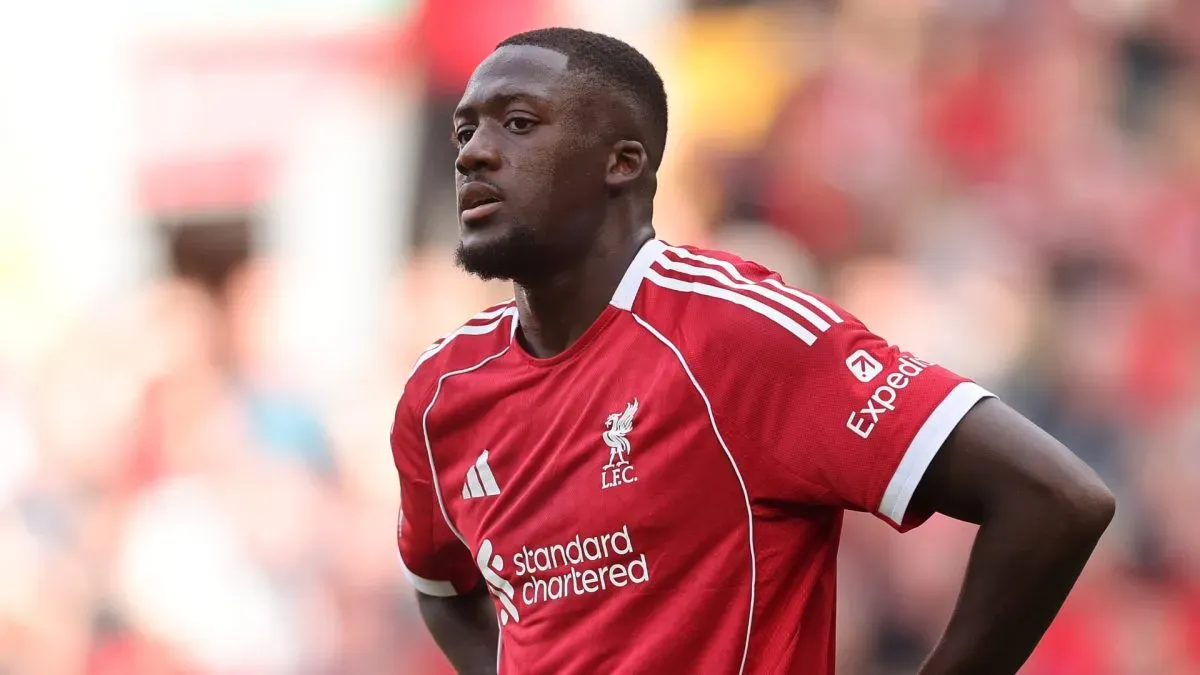 Ibrahima Konate of Liverpool looks on during the Premier League match between Liverpool and Arsenal at Anfield on August 31, 2025 in Liverpool, England.