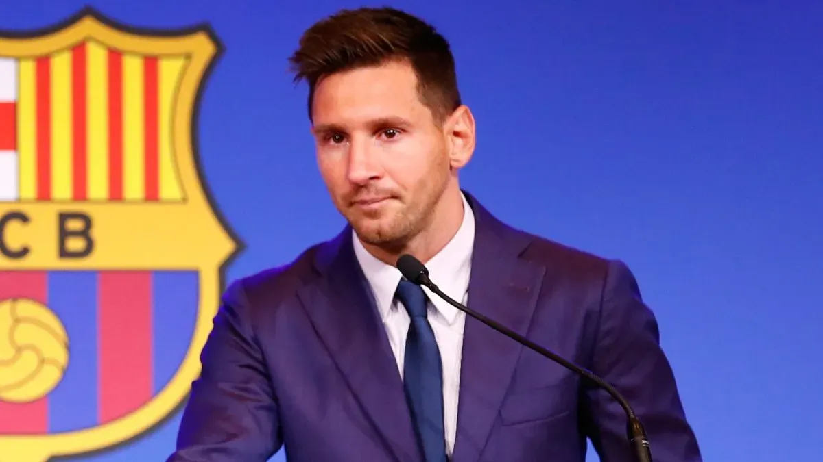 Lionel Messi of FC Barcelona faces the media during a press conference at Nou Camp on August 08, 2021 in Barcelona, Spain.