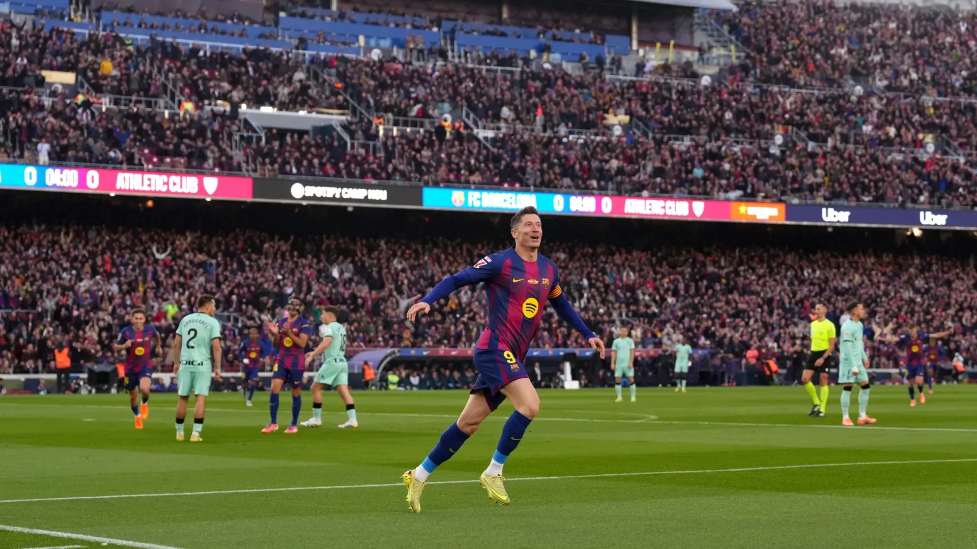 Robert Lewandowski of FC Barcelona celebrates scoring against Athletic Bilbao.