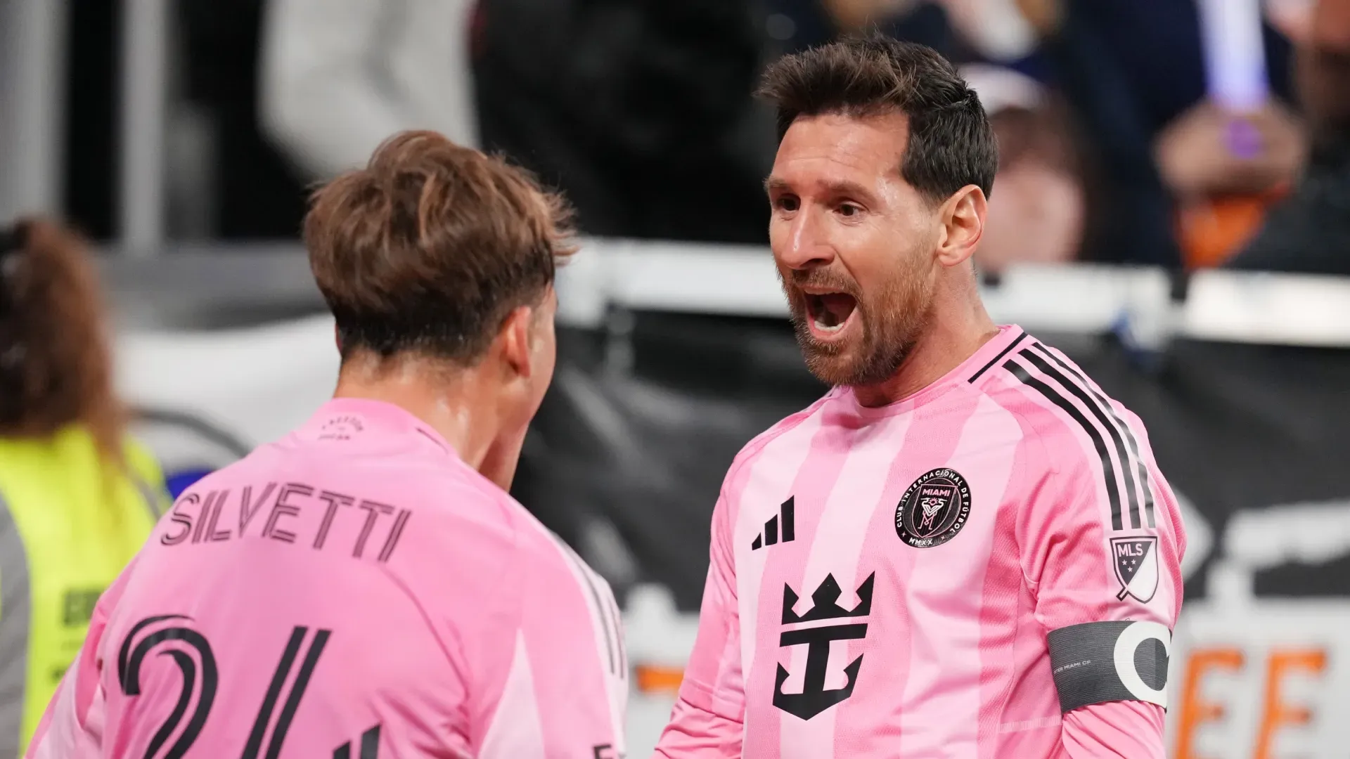 Lionel Messi #10 of Inter Miami CF celebrates after scoring the team's first goal with teammate Mateo Silvetti #24.