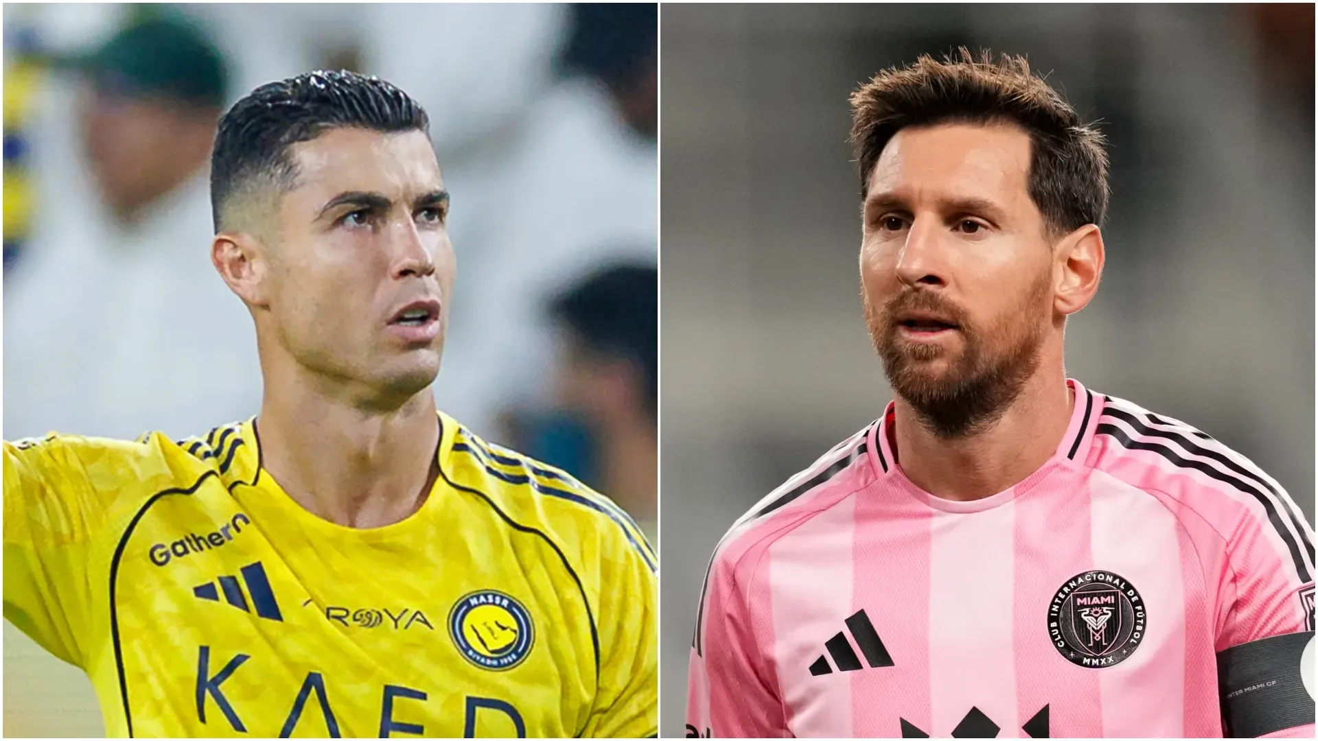 Cristiano Ronaldo (L) of Al-Nassr FC and Lionel Messi (R) #10 of Inter Miami CF.