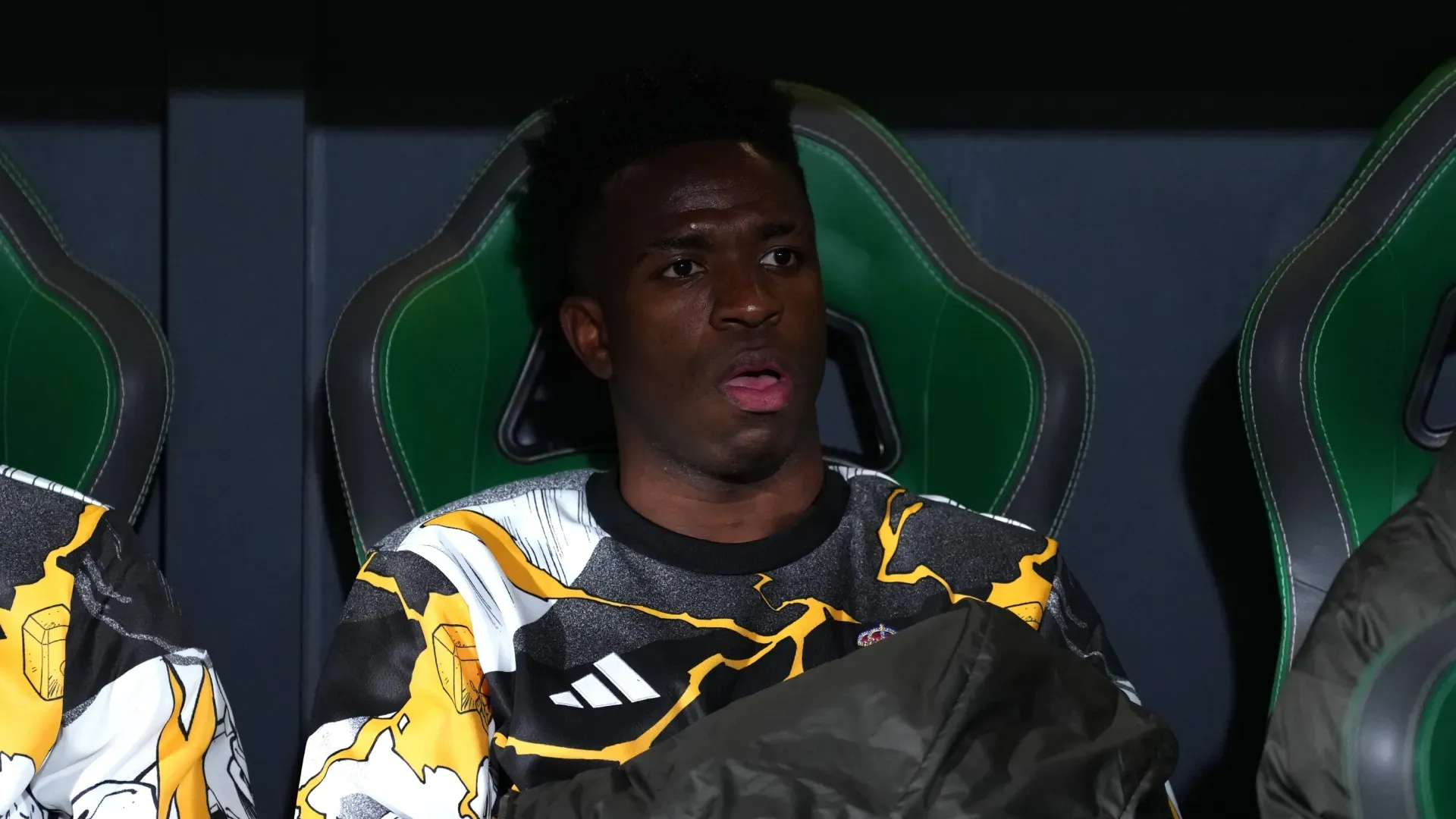 Vinicius Junior of Real Madrid in the subs bench against Elche.