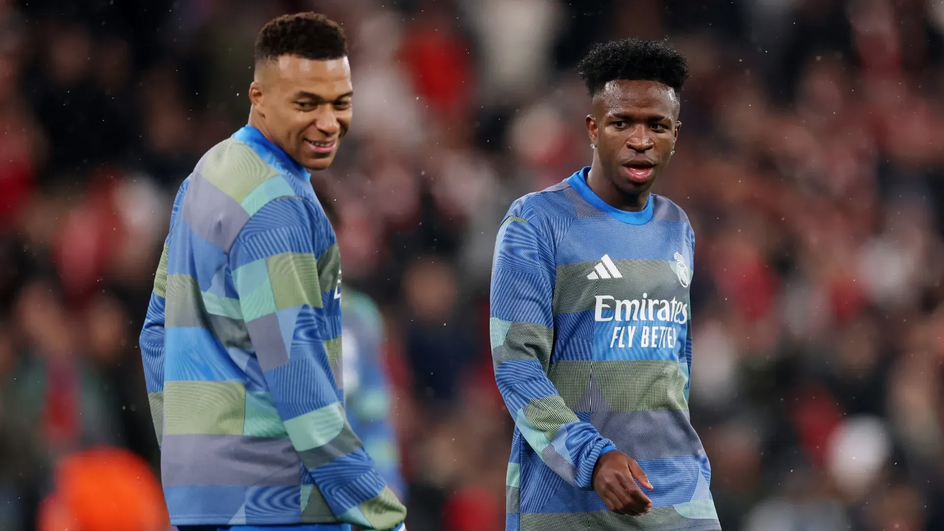 Kylian Mbappe and Vinicius Junior of Real Madrid warming up against Liverpool.