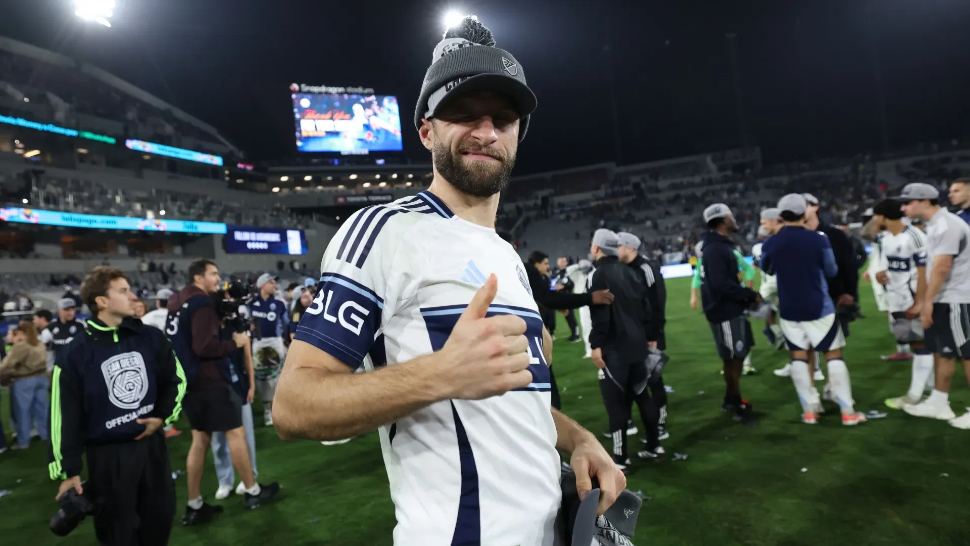 Thomas Müller #13 of the Vancouver Whitecaps FC celebrates after winning MLS Cup western conference final against San Diego FC.