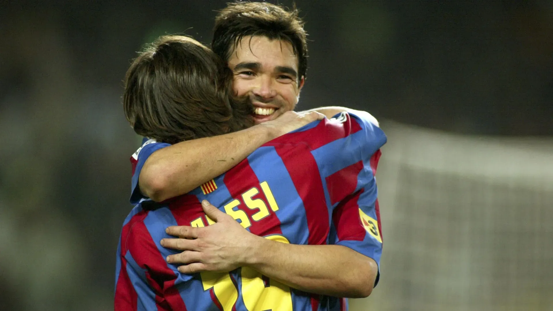 Deco and Leo Messi of FC Barcelona celebrating.