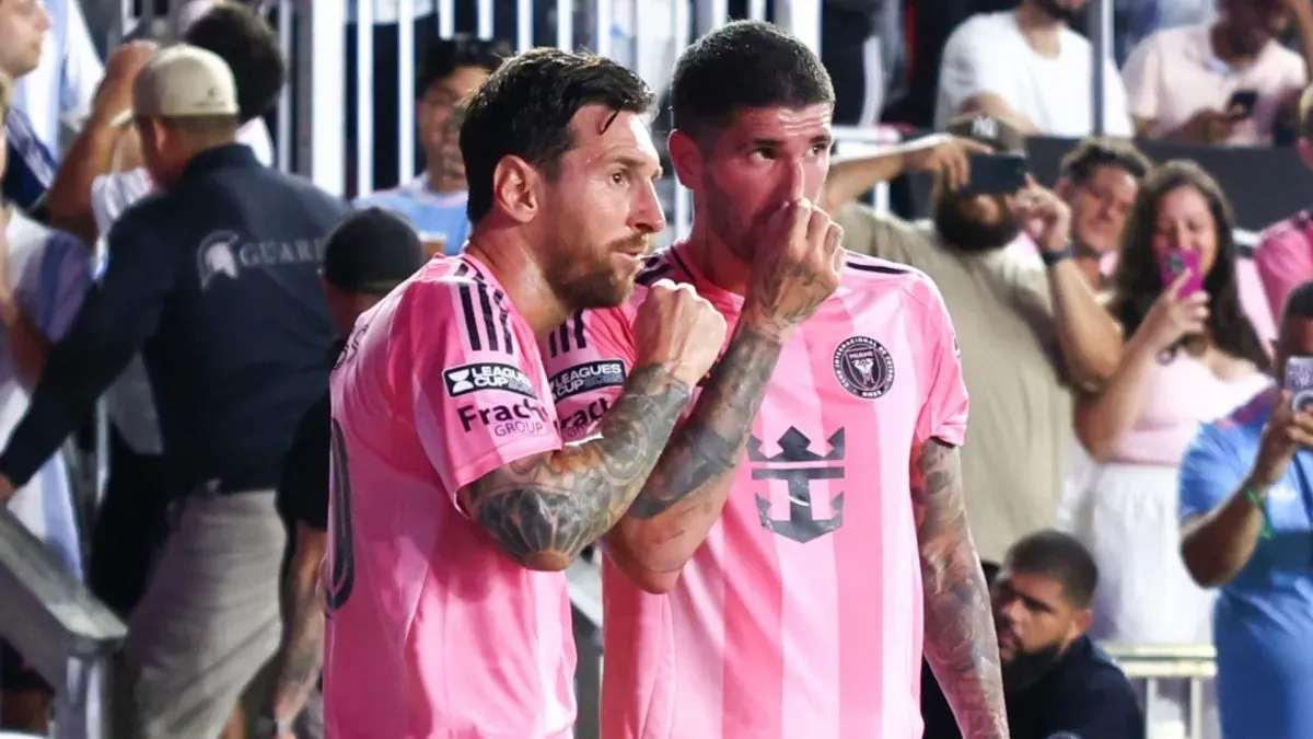 Lionel Messi #10 and Rodrigo de Paul #7 of Inter Miami speak on the field in the second half during the Leagues Cup Phase One match between Inter Miami CF and Atlas FC at Chase Stadium on July 30, 2025 in Fort Lauderdale, Florida.