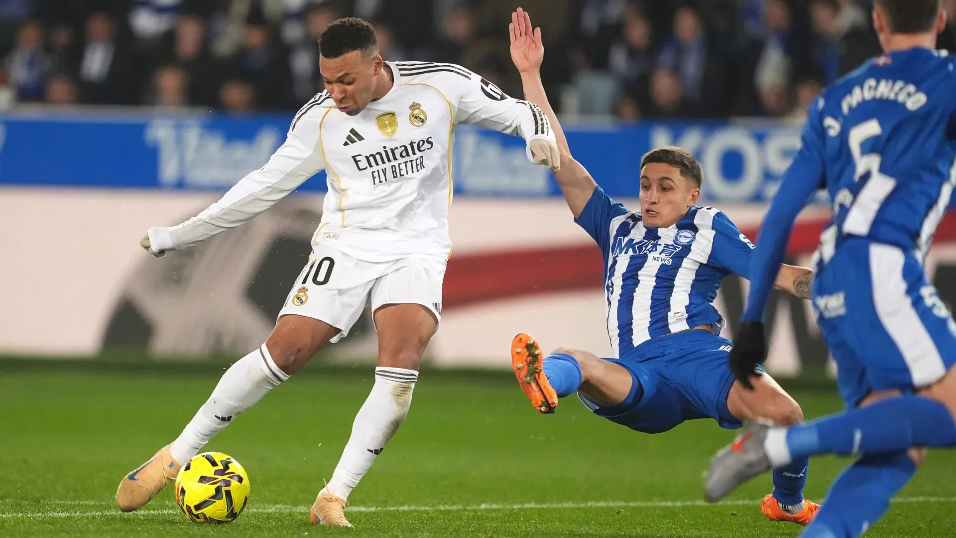 Kylian Mbappe of Real Madrid scores against Deportivo Alaves.
