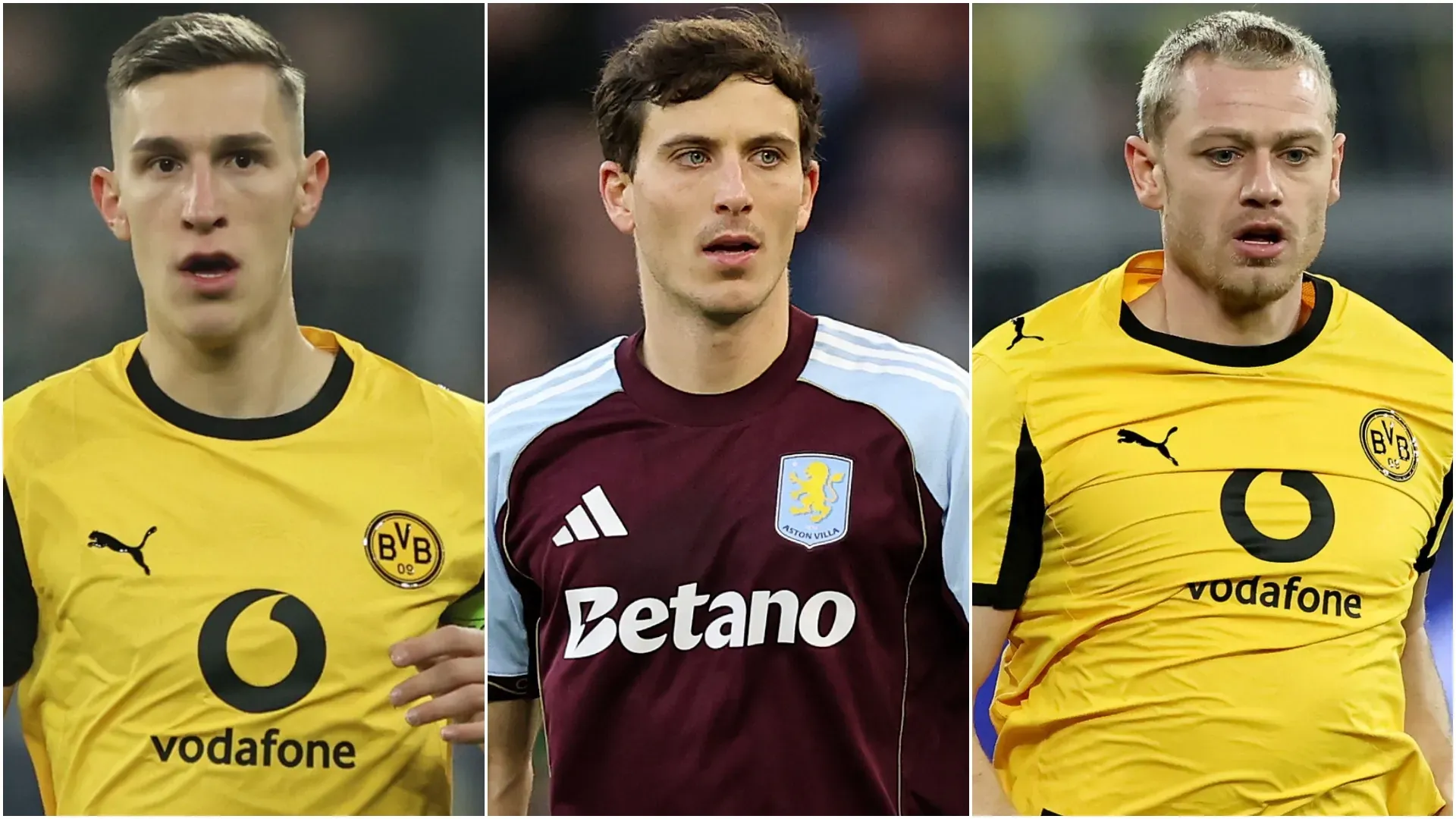 Borussia Dortmund's Nico Schlotterbeck, Julian Ryerson and Aston Villa's Pau Torres