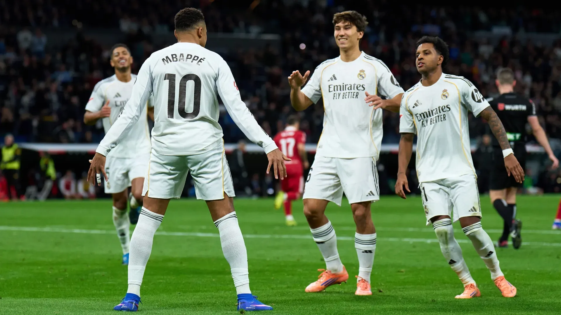 Kylian Mbappe of Real Madrid celebrates scoring against Sevilla.