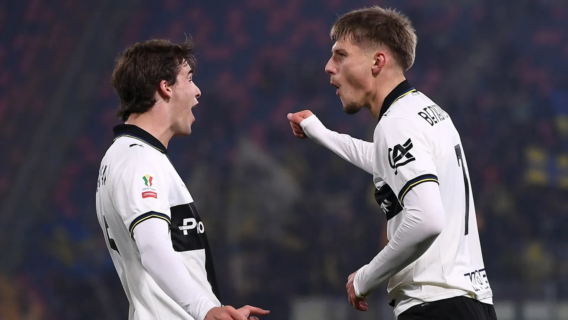 Adrian Benedyczak of Parma Calcio 1913 celebrates scoring with Benjamin Cremaschi.