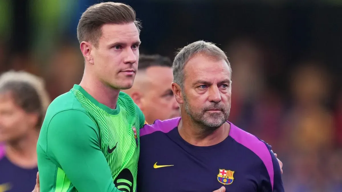 Barcelona's Ter Stegen and Hansi Flick