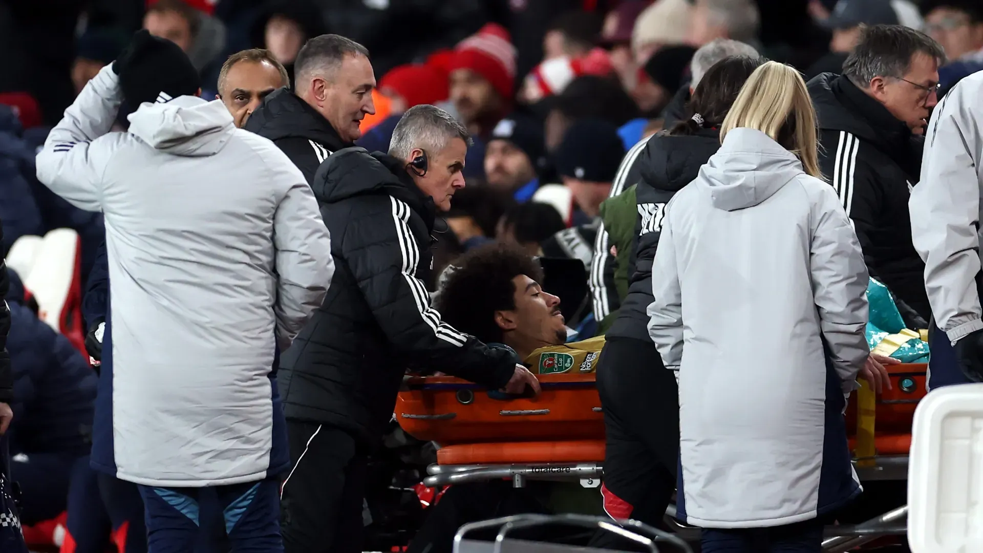 Chris Richards of Crystal Palace leaves the pitch on a stretcher.