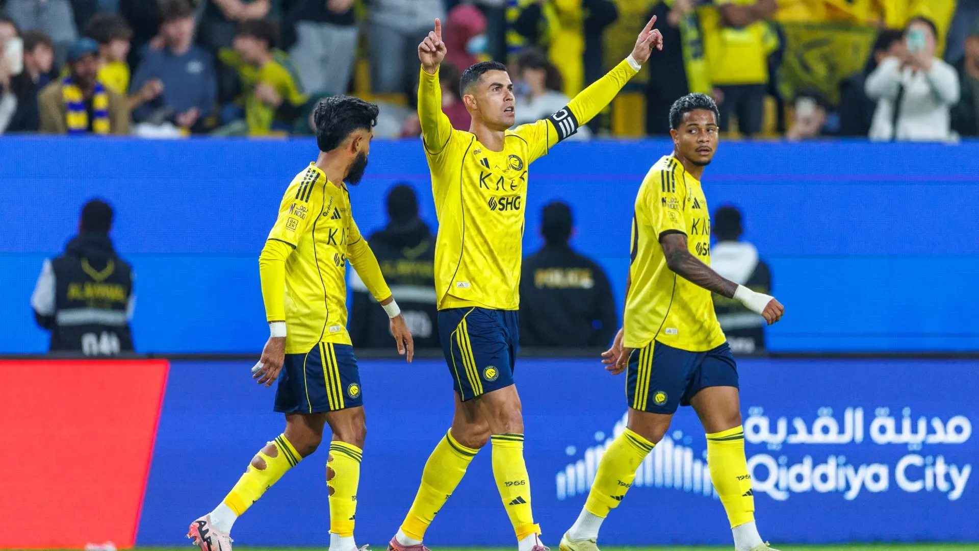 Cristiano Ronaldo of Al-Nassr FC celebrates scoring against Al Okhdood.